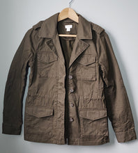Load image into Gallery viewer, Front of the J. Crew utility jacket, army green colour, size extra small, large buttons, hidden button holes