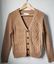 Load image into Gallery viewer, Front of women&#39;s Forever 21 grandpa sweater cognac colour with large old style buttons.
