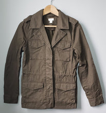 Load image into Gallery viewer, Front of women&#39;s J. Crew utility jacket, army green colour, size extra small.
