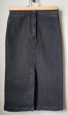 Front of Wilfred Free high waisted black denim skirt with front slit mid length size 0