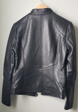 Load image into Gallery viewer, Back of women&#39;s black leather jacket with original tags size small
