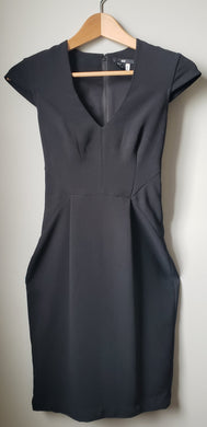 Front view of women's H&M black fitted dress with capped shoulders size 2.