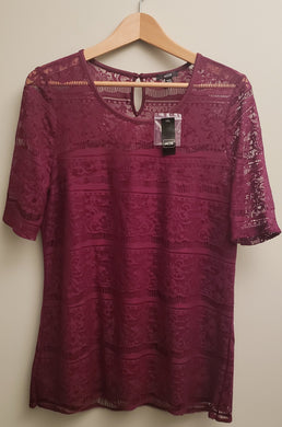 Front view of Jacob full laced top with lining in torso only, size extra large, burgundy colour.