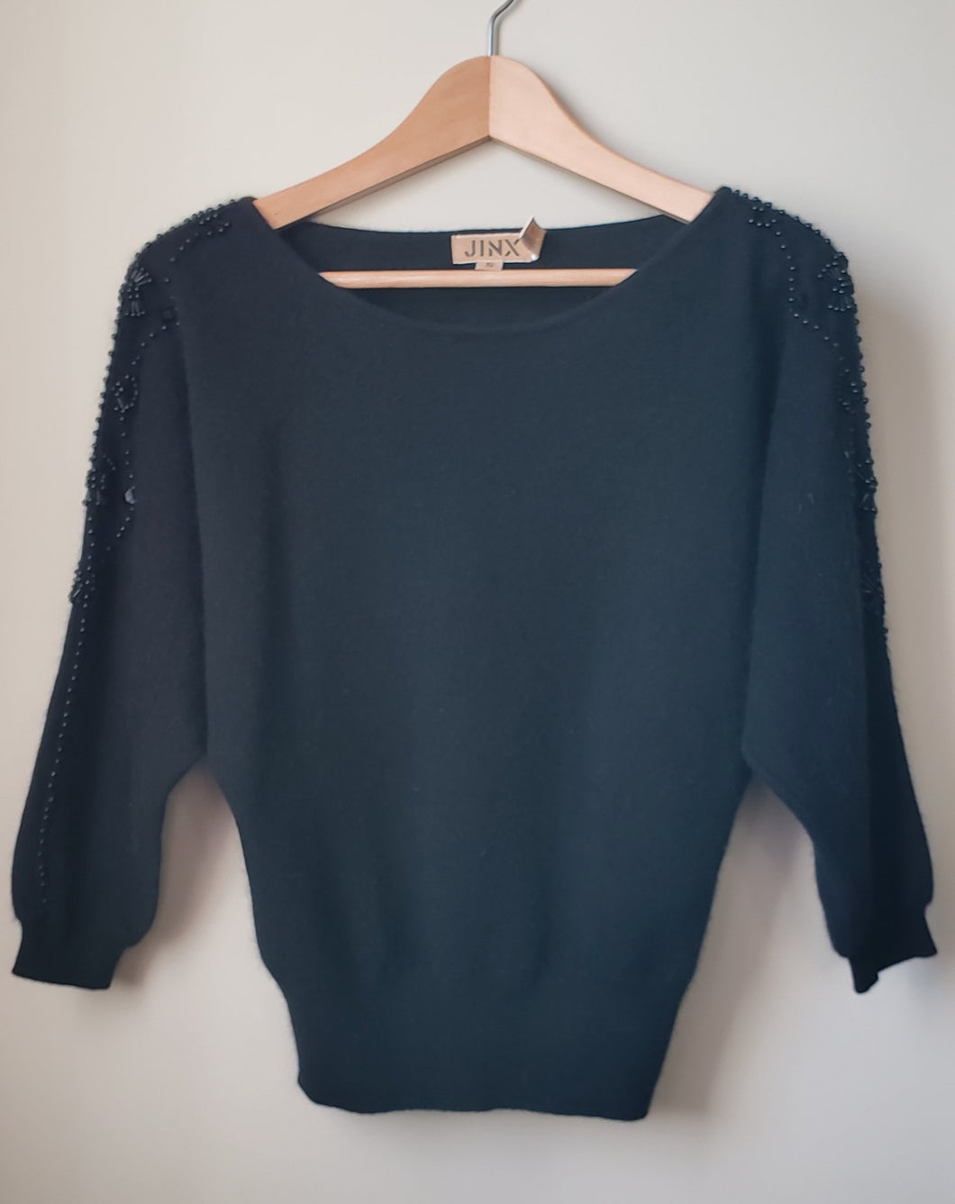 Black Beaded Vintage Style Wool Sweater (Size XS)